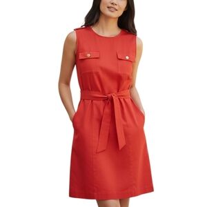 Chic Calvin Klein Red Linen Sleeveless Belted Dress Size 12 W/Pockets Like New